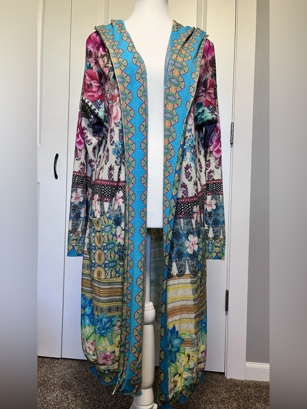 Johnny Was Hooded Cardigan M Cashmere Cotton Patchwork Long Duster Sweater
